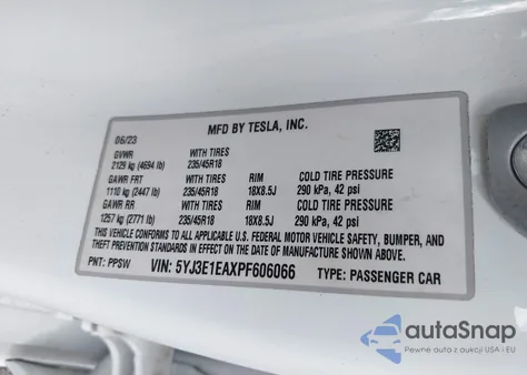 2023 Tesla Model 3 Rear-Wheel Drive z USA, uszkodzony, nr VIN 5YJ3E1EAXPF606066
